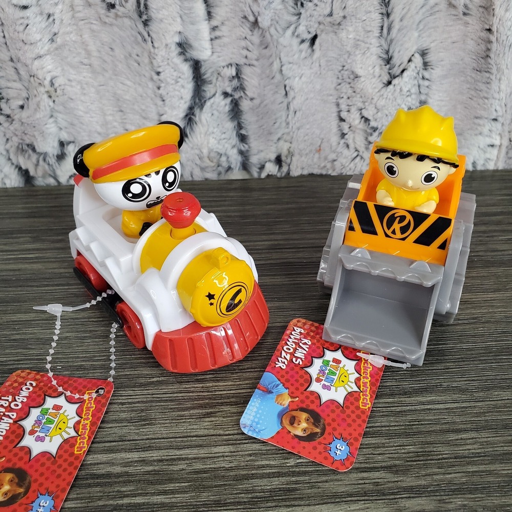 Lot Of 2 Ryan's World - Combo Panda Train And Ryan Bulldozer 3.5 Inch Toys